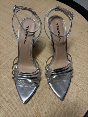 Tula Silver Pointed-Strap Ankle-Heel Sandals